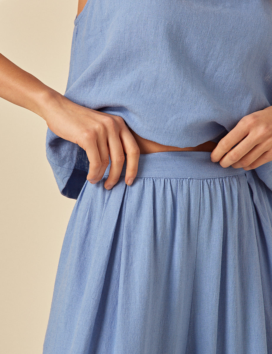 Blue Linen-Blend Wide Leg Jerrow Trousers