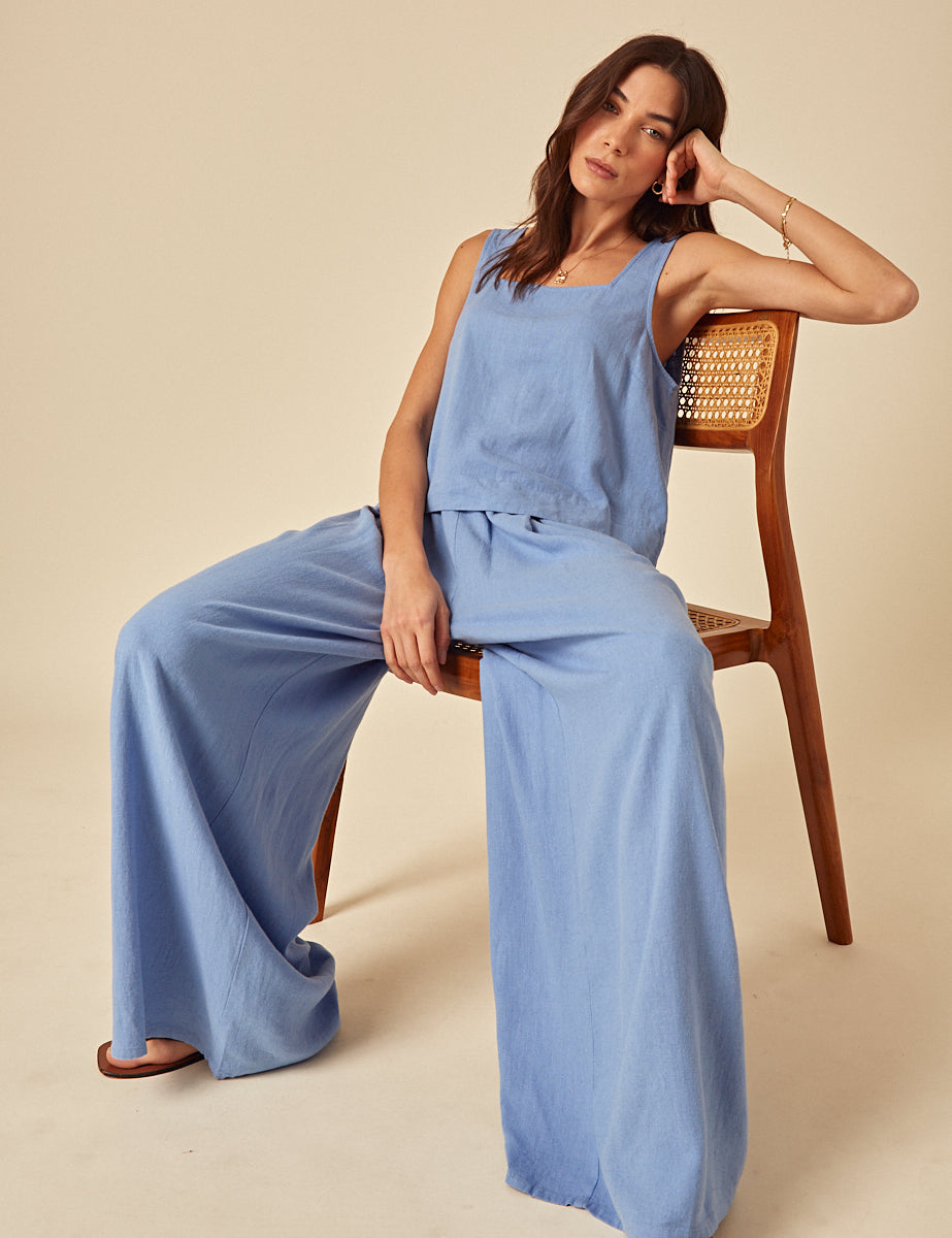 Blue Linen-Blend Wide Leg Jerrow Trousers