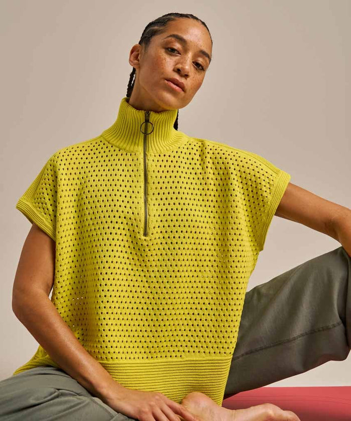 Mesh knit high-necked chartreuse tank top.