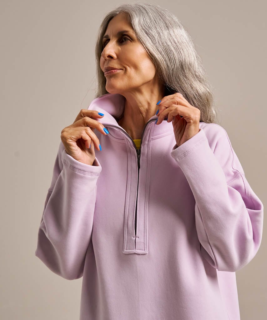 Funnel neck sweatshirt in soft lavender organic cotton.