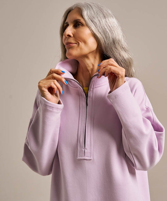 Funnel neck sweatshirt in soft lavender organic cotton.