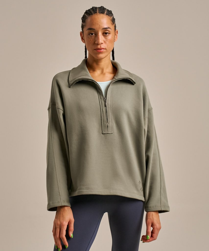 Soft khaki organic cotton collared sweatshirt.