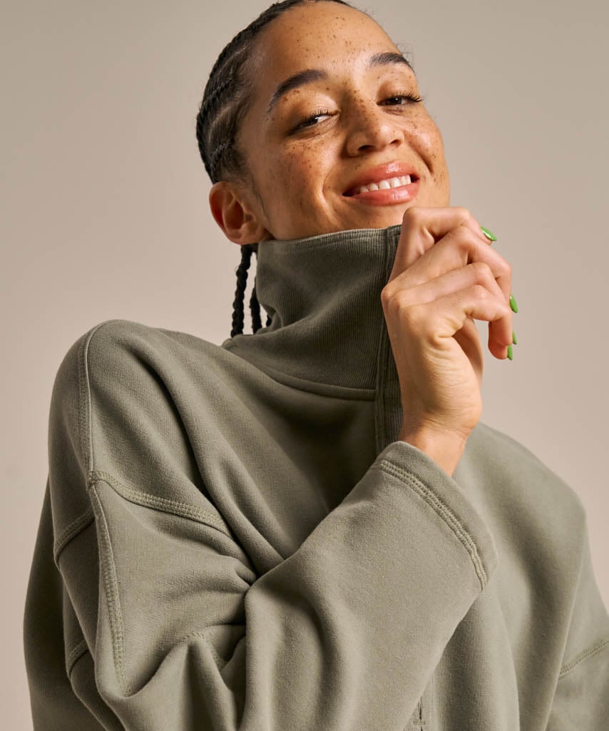 Funnel Neck Easy Zip Sweatshirt - Washed Khaki