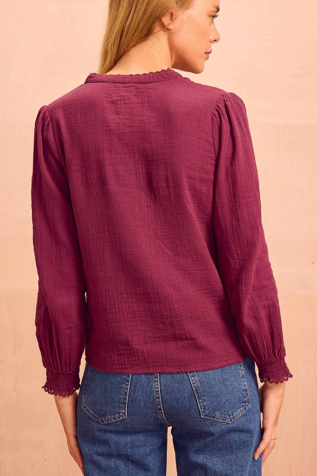Holly Pin Tuck Organic Cotton Cheesecloth Long Sleeve Blouse - Berry