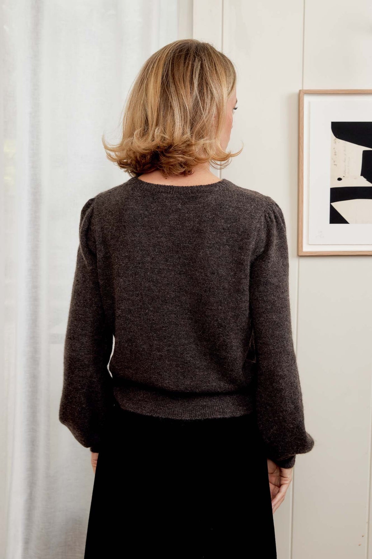 Alpaca Blend Puff Sleeve Cardigan - Chocolate