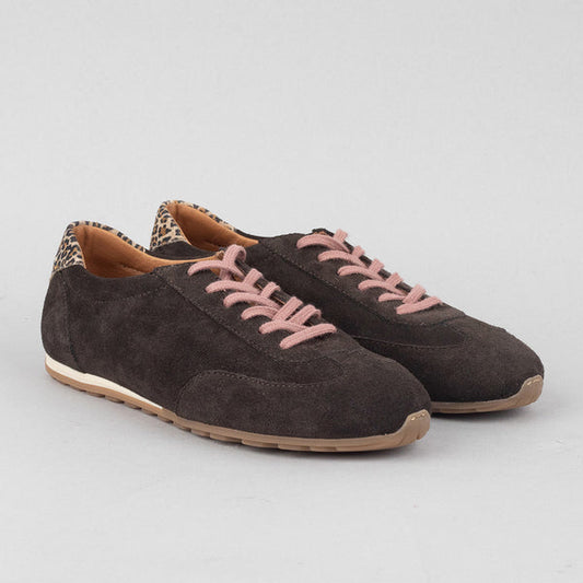 Chocolate brown suede trainers with leopard print backs.