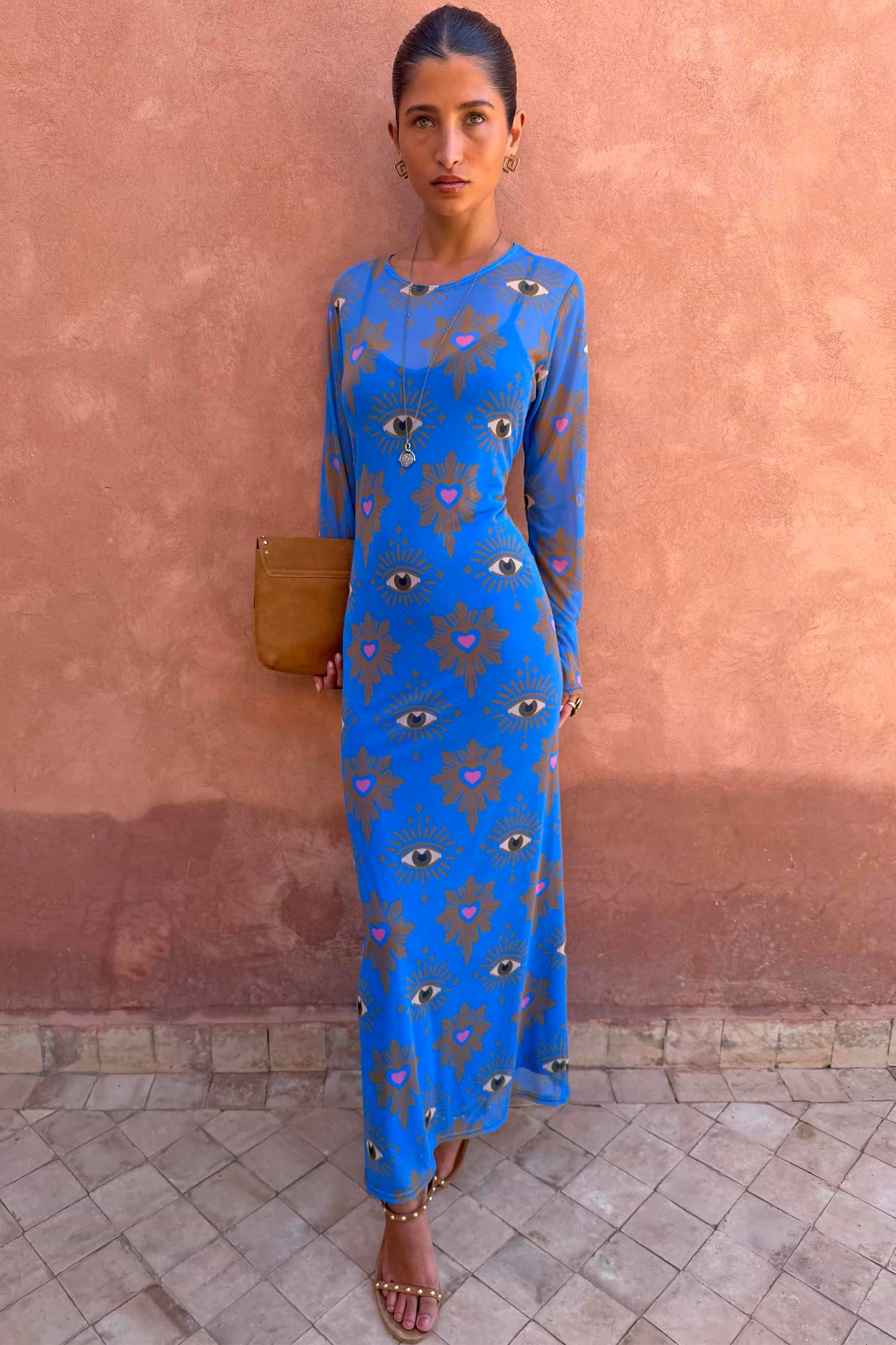 Bright blue abstract print mesh dress.