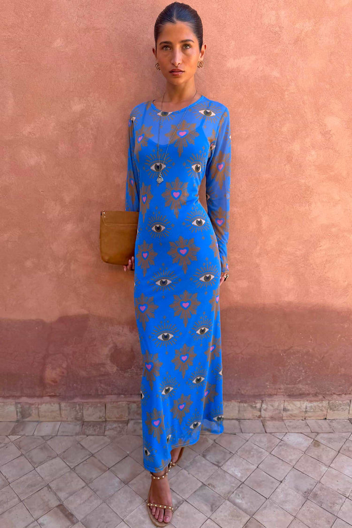 Bright blue abstract print mesh dress.