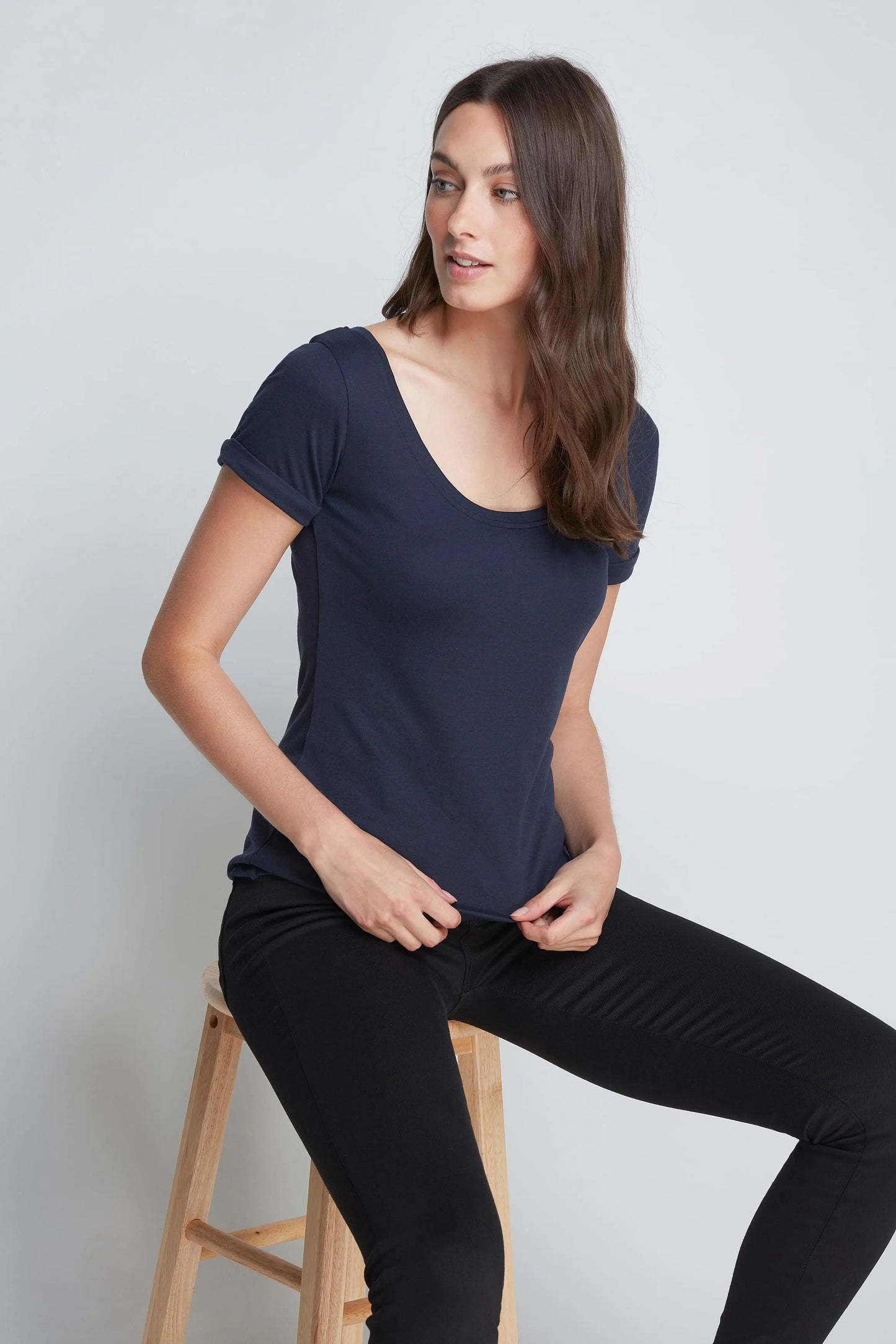Boat Neck Cotton Modal Blend T-shirt Navy