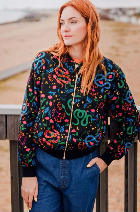 Bobbi Bomber Jacket - Black, Snake Floral