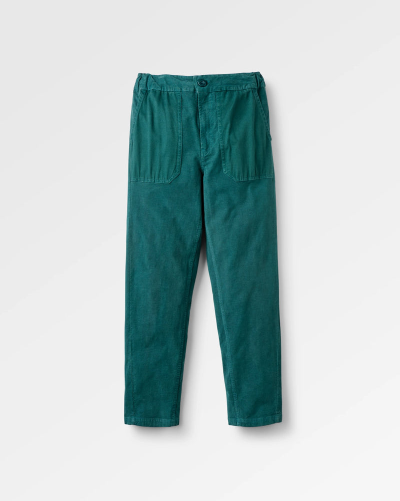 Teal cotton straight leg trousers.