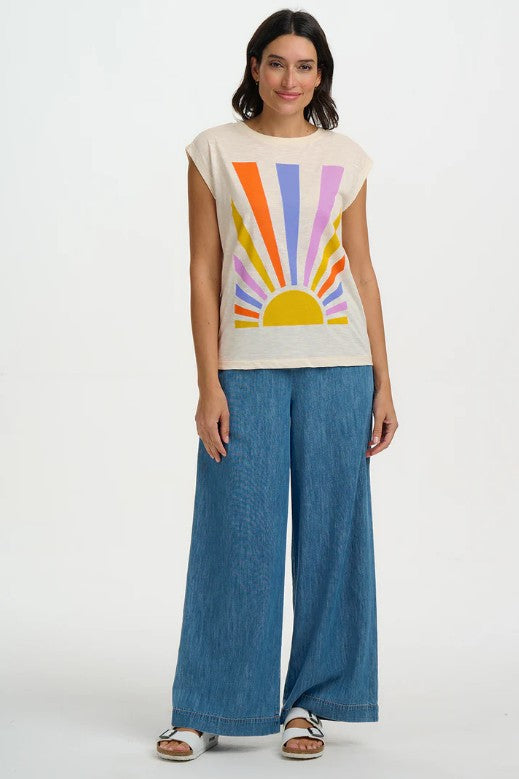Chrissy Relaxed Tank T-Shirt - Off White, Rainbow Rays