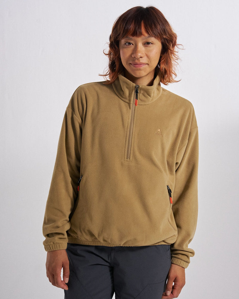 Camel coloured recycled polyester fleece activewear layer.