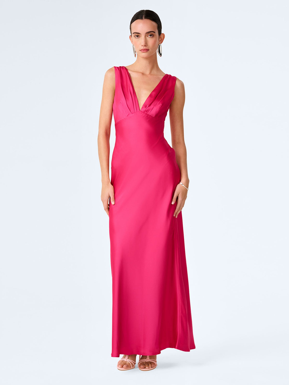 Raspberry pink satin maxi dress.