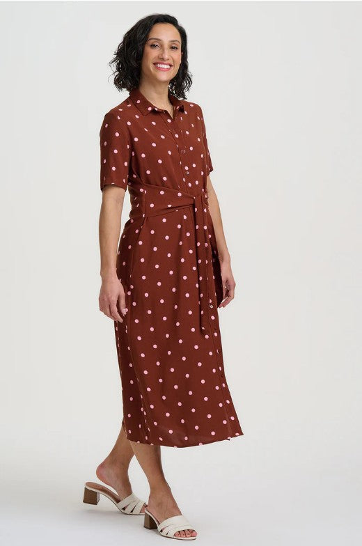 Rich brown midaxi shirt dress with pink polka dots.