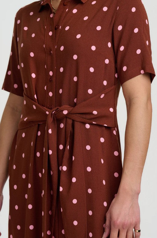 Celeste Midi Shirt Dress - Brown, Pink Polka