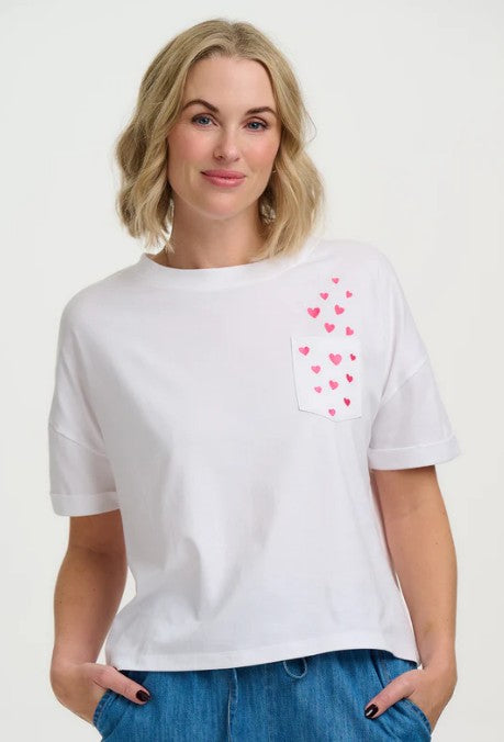 Soft white 100% cotton T-shirt with pink hearts motif on chest pocket.