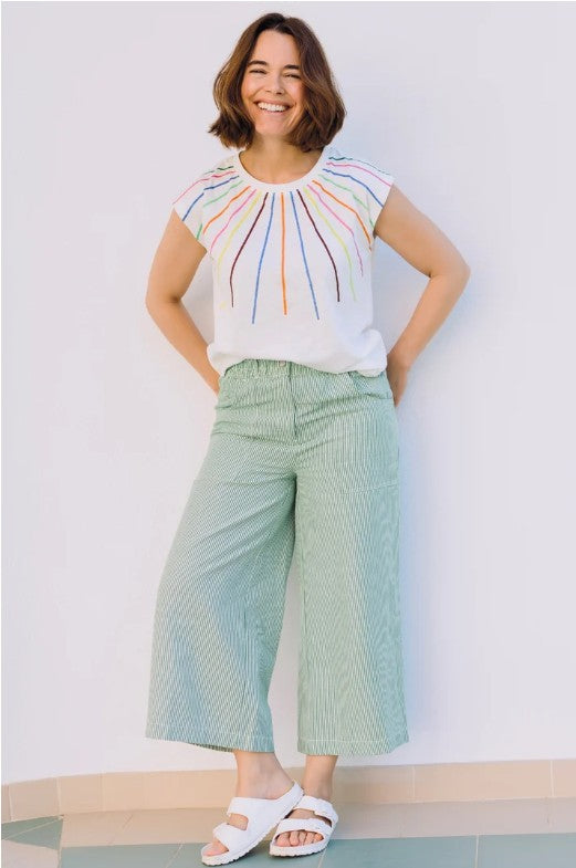 Sage green striped cropped trousers.