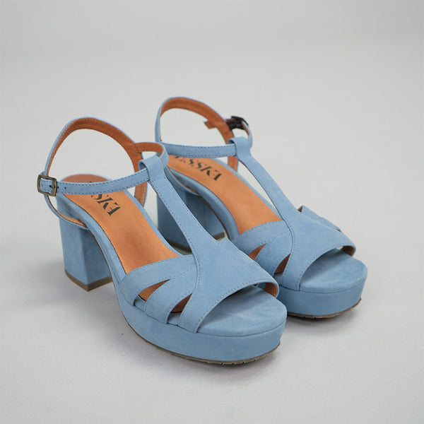 Blue suede platform sandals.