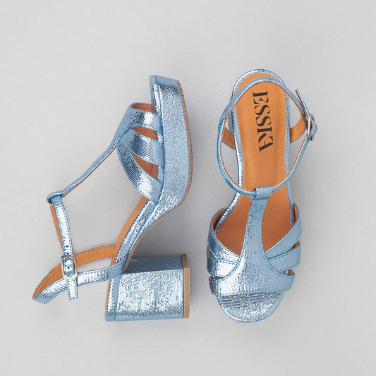 Light blue metallic t-bar sandals