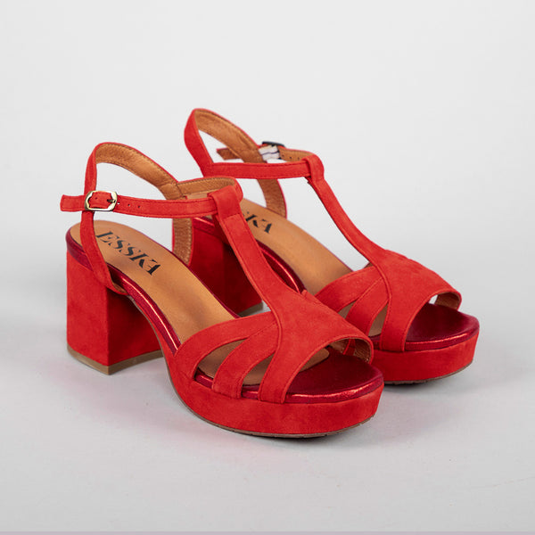 Red suede block heel sandals