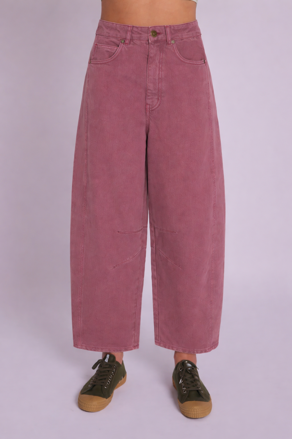 Soft dusky pink denim barrel leg jeans by MuthaHood UK.