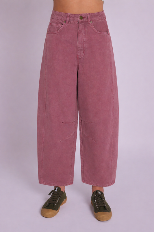 Soft dusky pink denim barrel leg jeans by MuthaHood UK.