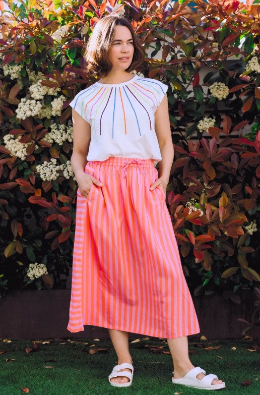 Coral and pink stripe midi skirt.