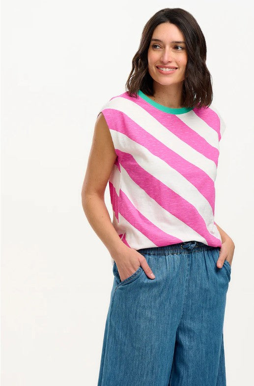 Bright pink and white striped tank t-shirt.