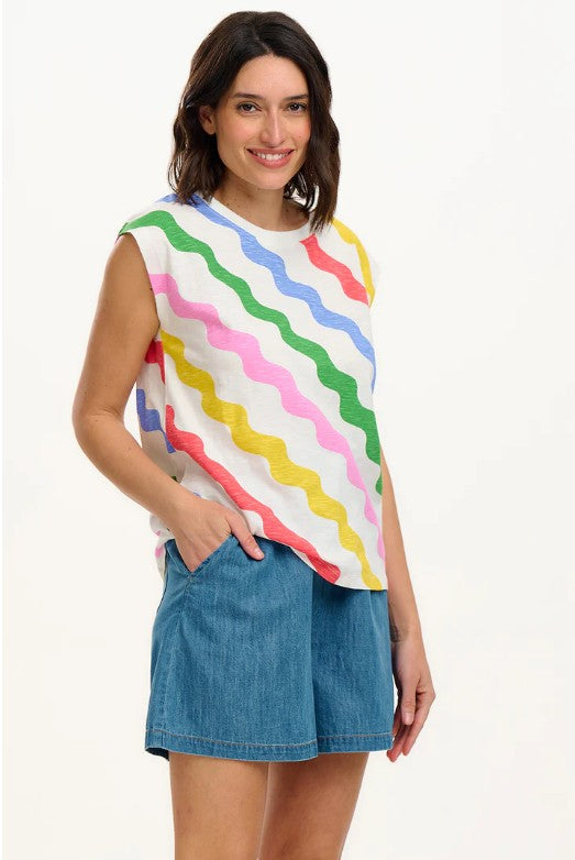 Organic cotton tank t-shirt with rainbow wave print.