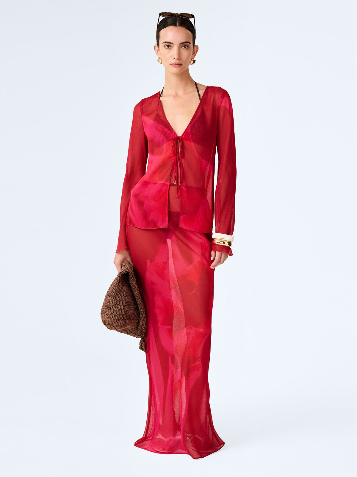 Red recycled polyester floral maxi skirt.