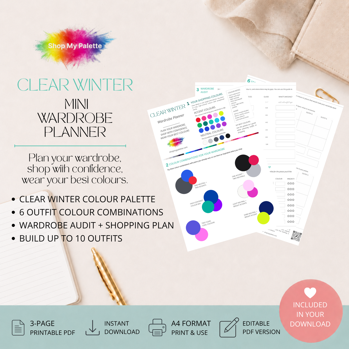 Product preview for a Clear Winter mini wardrobe planner pdf.