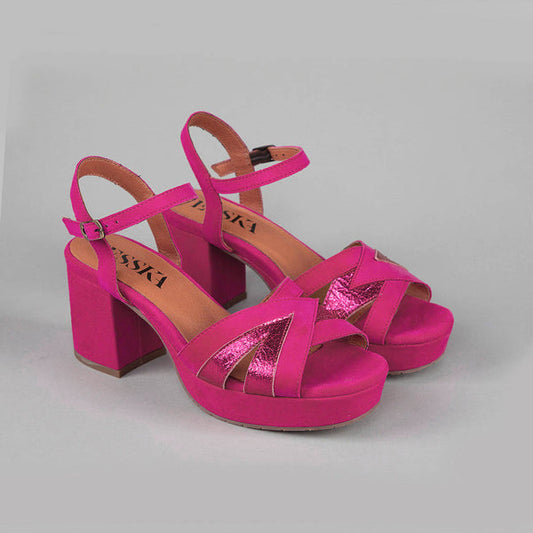 Magenta suede platform sandals.