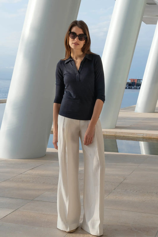 Collared Linen T-shirt Navy