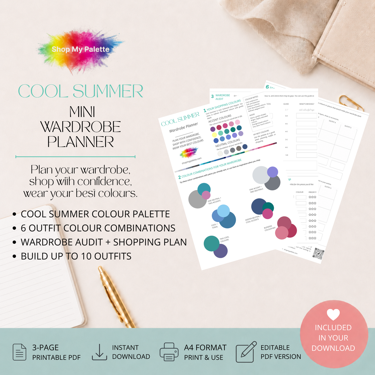 Product preview for a Cool Summer mini wardrobe planner pdf.