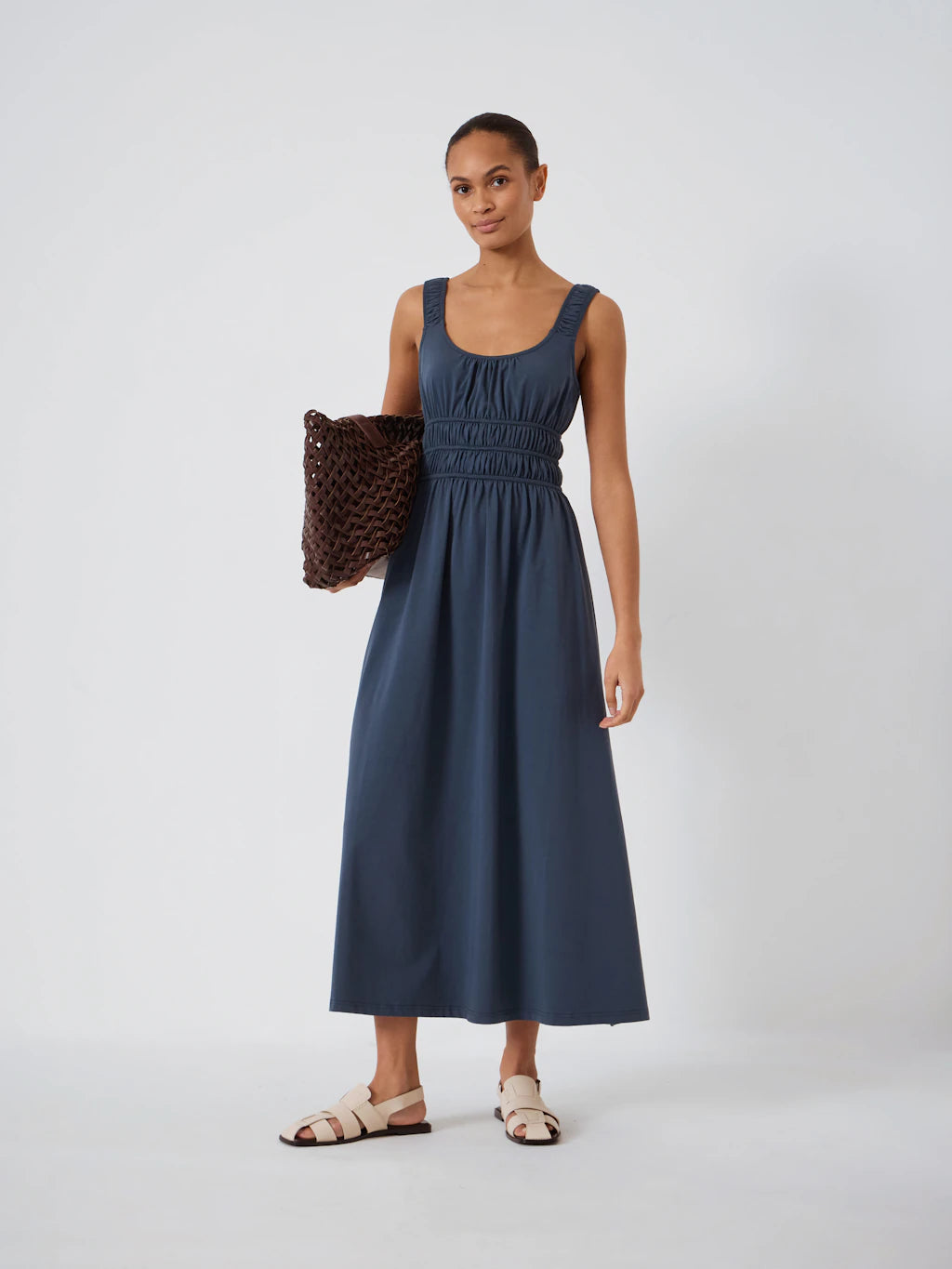 Navy jersey midi dress.