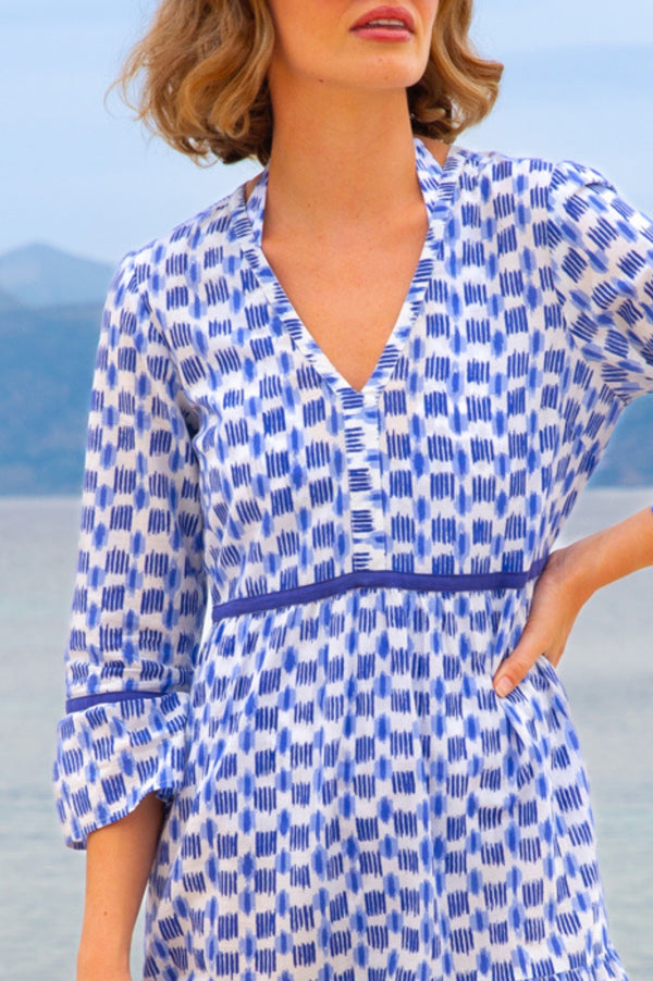 Hayden Organic Cotton Dress - Ikat White/Blue