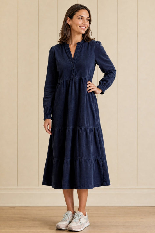 Navy blue corduroy midi dress with long sleeves.