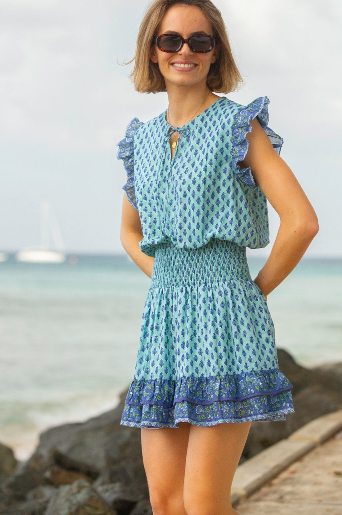 Macy Organic Cotton Block Print Dress - Turquoise/Blue