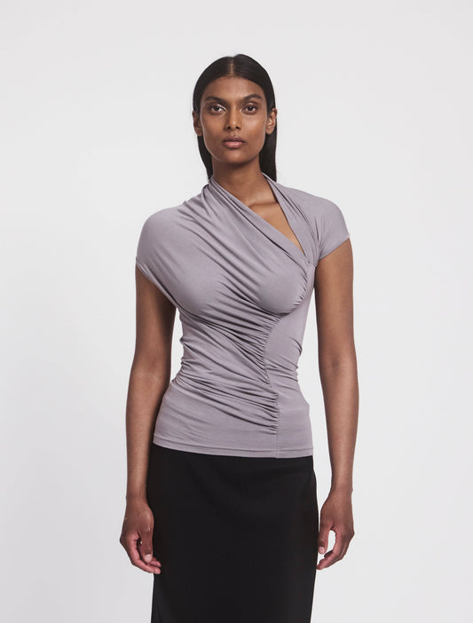 Micromodal top with cut out detail and ruched waist, in dusty lavender grey.