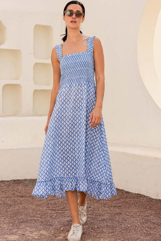 Cornflower blue and white patterned shirred bodice midaxi dress.
