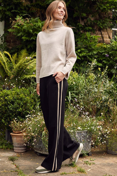 Ponte Cotton Wide Leg Trousers - Black with Taupe/White Stripe