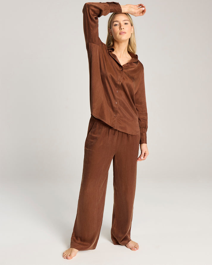Cocoa brown eco silk drawstring trousers.