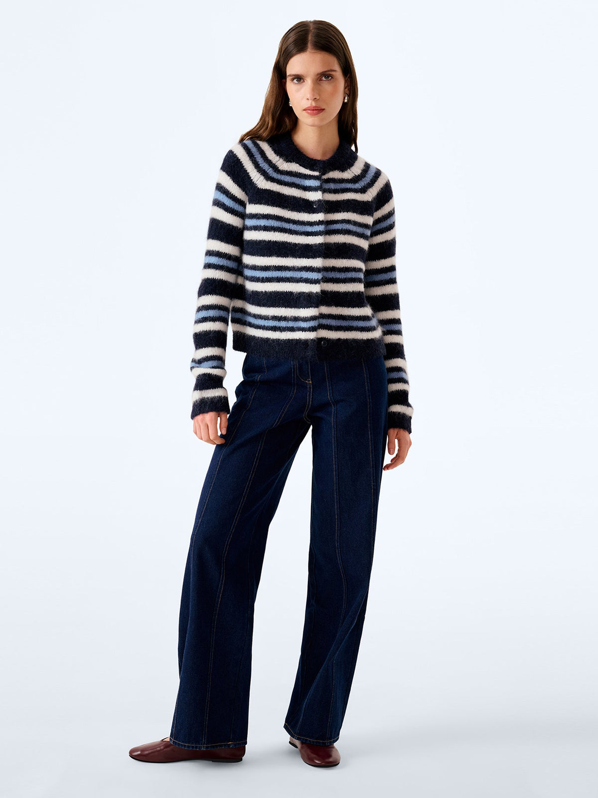 Navy, blue, and cream stripe alpaca-blend cardigan.