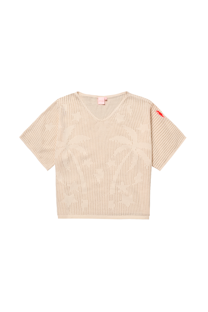 Cream crochet jumper with palm pattern.