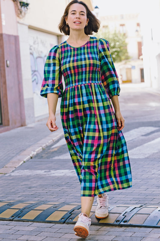 Ursula Shirred Midi Dress - Multi, Midnight Gingham