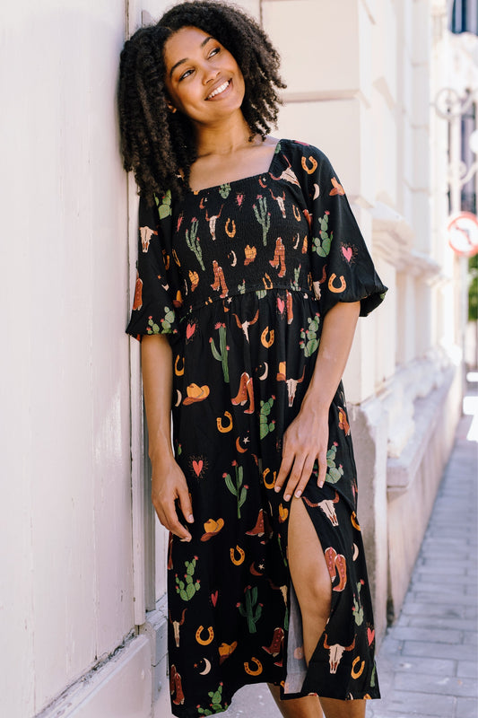 Zinnia Midi Shirred Dress - Black, Cowgirl Print