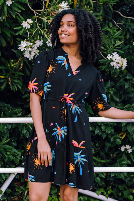 Sabine Mini Dress - Black, Palms & Sunshine