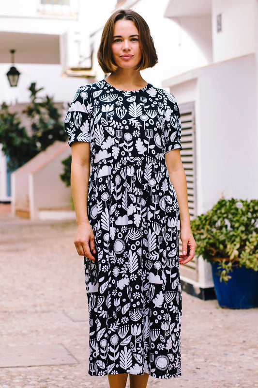 Lizzy Midi Smock Dress - Monochrome, Folk Floral