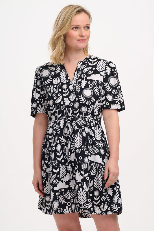 Sabine Mini Shirt Dress - Monochrome, Folk Floral